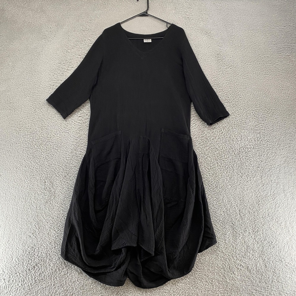 Color Me Cotton Maxi Dress Womens L Black Crinkle Cotton Swing Lagenlook USA